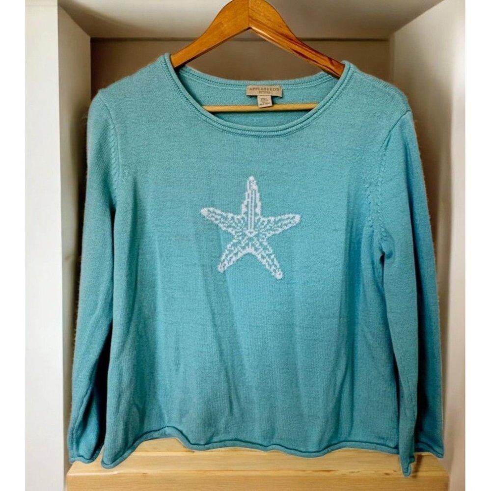 Appleseeds Petites Starfish Sweater Size PXL Turquoise Embroidered Beach Ocean - Picture 1 of 10